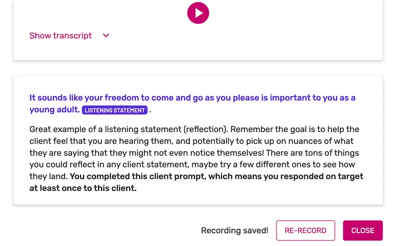 Screen of Lyssn training module with transcript