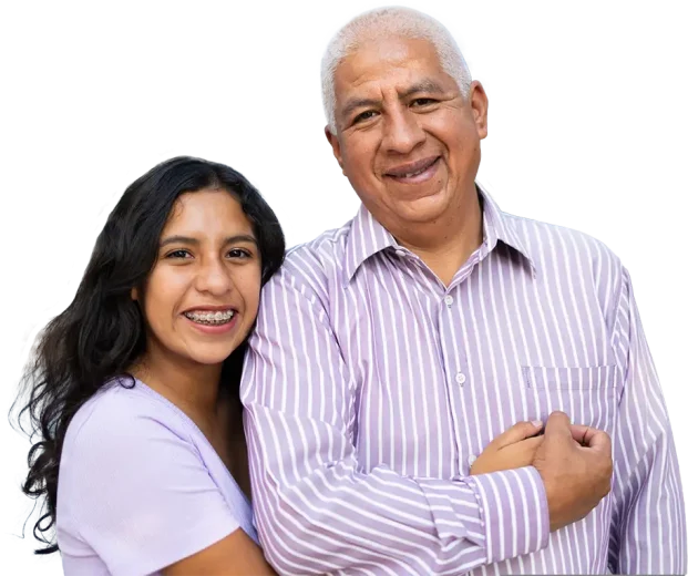 Alternating photos show a mother with her teen son, a grandfather with his granddaughter, and a senior couple.